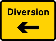 Start of temporary diversion route to the left — UK road sign