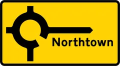 Roundabout ahead leading to a temporary diversion route to the destination shown — UK road sign
