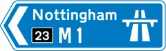 Direction to a motorway at the junction shown, indicating route number and destination reached along the motorway — UK road sign