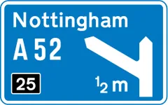 Motorway junction ahead, displaying the route number and destination reached by taking this route — UK road sign