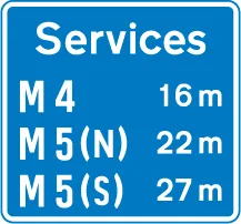 Availability of motorway service areas ahead with distances — UK road sign