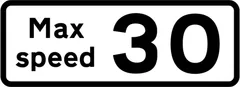 Maximum speed of 30 miles per hour advised at a bend or other hazard — UK road sign