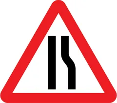 Road narrows on right ahead — UK road sign
