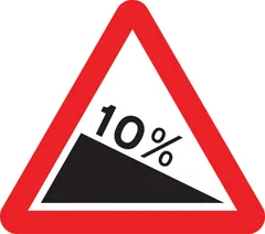 Steep hill downwards ahead (10%) — UK road sign