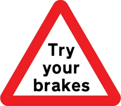 Risk of brake failure after crossing a ford or before descending a steep gradient — UK road sign