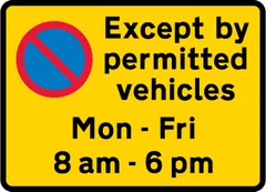 Waiting prohibited in designated off-highway loading area during the period indicated except by permitted vehicles — UK road sign