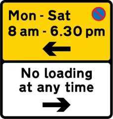 Waiting prohibited in the direction indicated (upper panel), and loading and unloading prohibited in the direction indicated (lower panel) — UK road sign