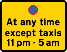 Continuous prohibition on waiting by vehicles with an exemption for taxis during the period indicated — UK road sign