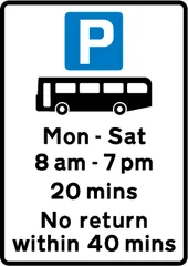 Parking place for buses only during the times shown — UK road sign