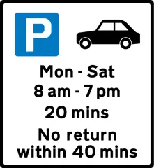 Free parking for motor cars only, with restrictions on length of waiting time and return period — UK road sign