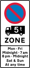 Entrance to a controlled parking zone applying to goods vehicles over a gross weight of 5T during the period indicated — UK road sign