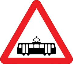 Tramcars crossing ahead — UK road sign