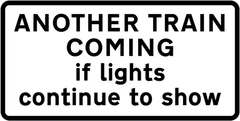 Level crossing ahead is crossed by more than one railway or tramway track, and more than one train or tramcar may pass over it in quick succession — UK road sign