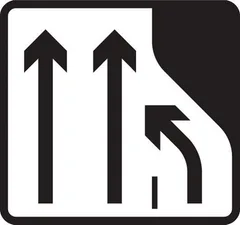 Number of lanes of traffic lanes ahead on a dual carriageway reduces from three lanes to two. Traffic in the right hand lane must move into the lane on the immediate left — UK road sign