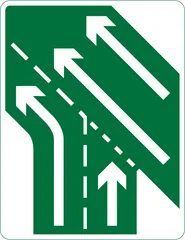 Additional traffic lanes joining from the right ahead. Traffic in the right hand lane joins the main carriageway. Traffic on the main carriageway has priority over joining traffic (primary route) — UK road sign