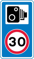 Speed camera ahead and reminder of 30 miles per hour speed limit — UK road sign