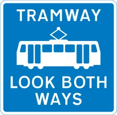 Warning for pedestrians to look out for tramway traffic approaching from both directions — UK road sign